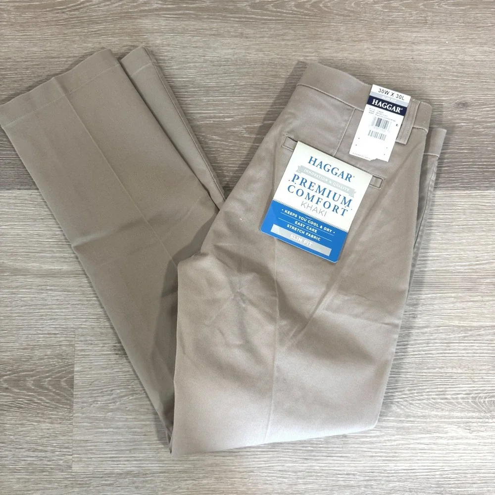 Haggar Premium Comfort Khaki Pants Mens 30x30 Med Khaki Slim Fit Stretch NWT